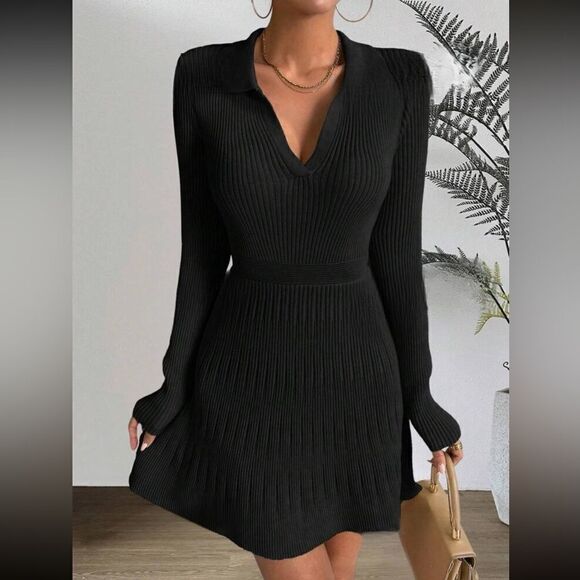Black Essnce Solid Ribbed Knit Sweater Dress - Picture 1 of 7
